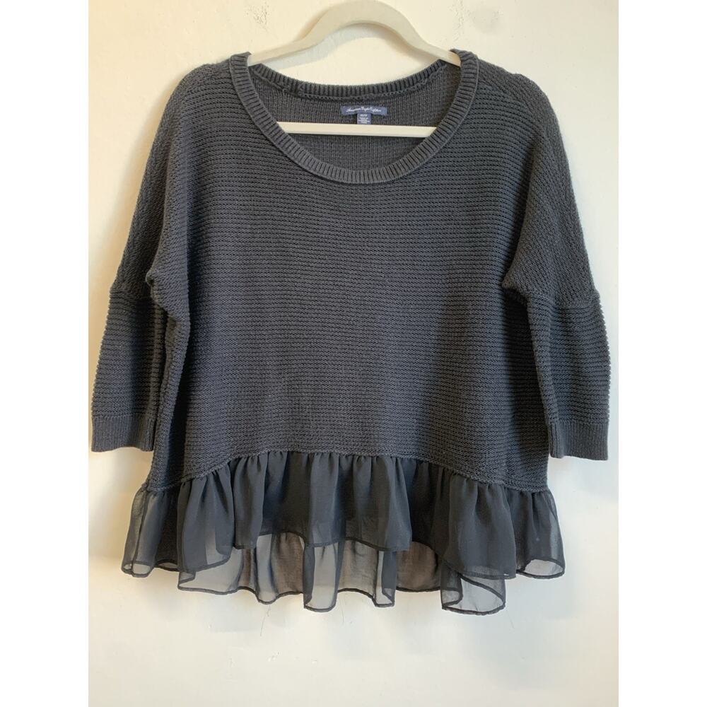 American Eagle Women’s Sweater Ruffle Hem Knit Pullover Black Size XS TP